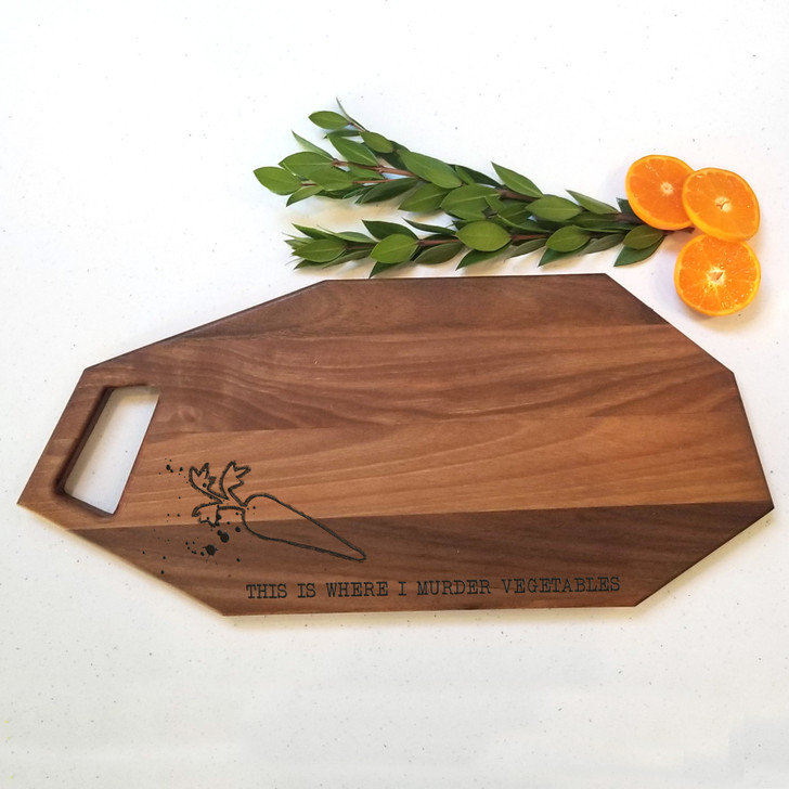 This is where I murder vegetables cheese board in walnut geometric