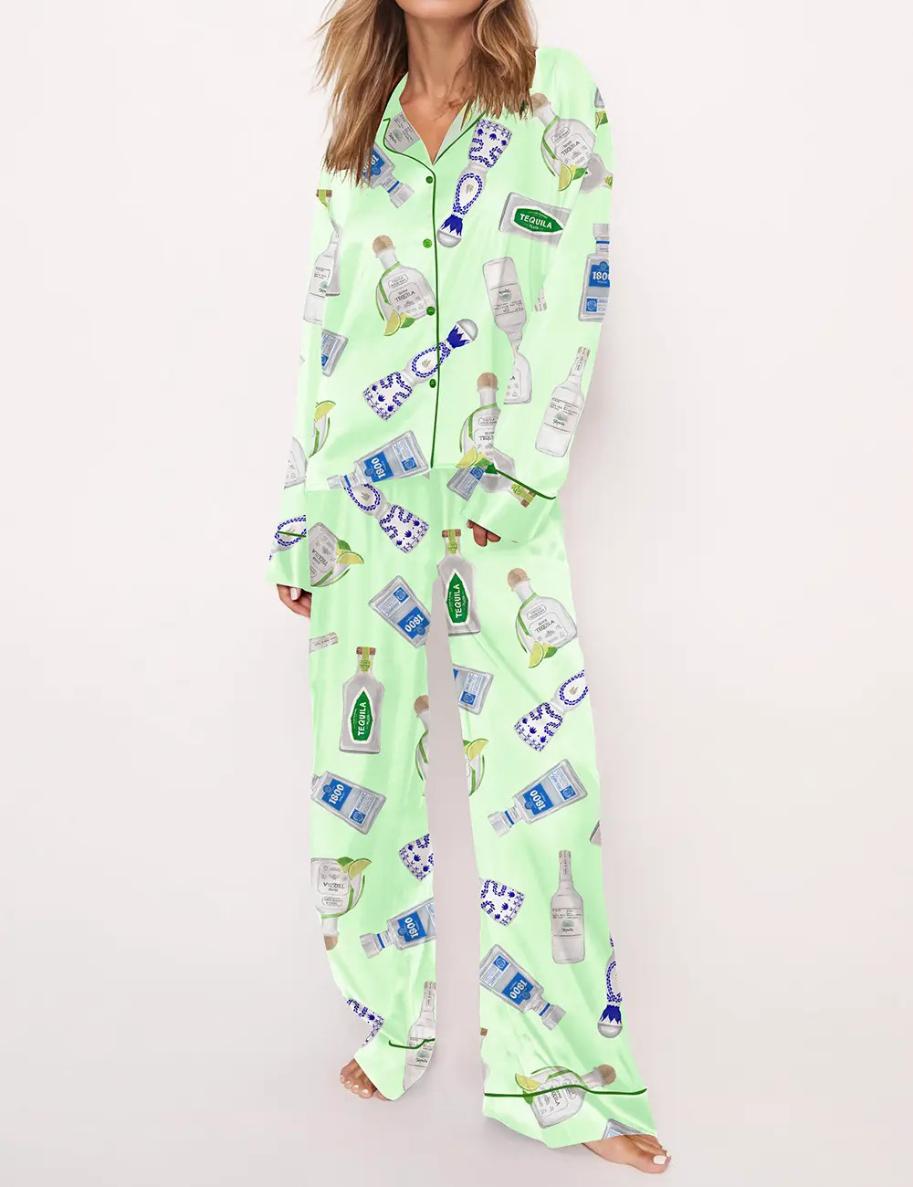 Tequila Bottles Satin Pajama Set For Women