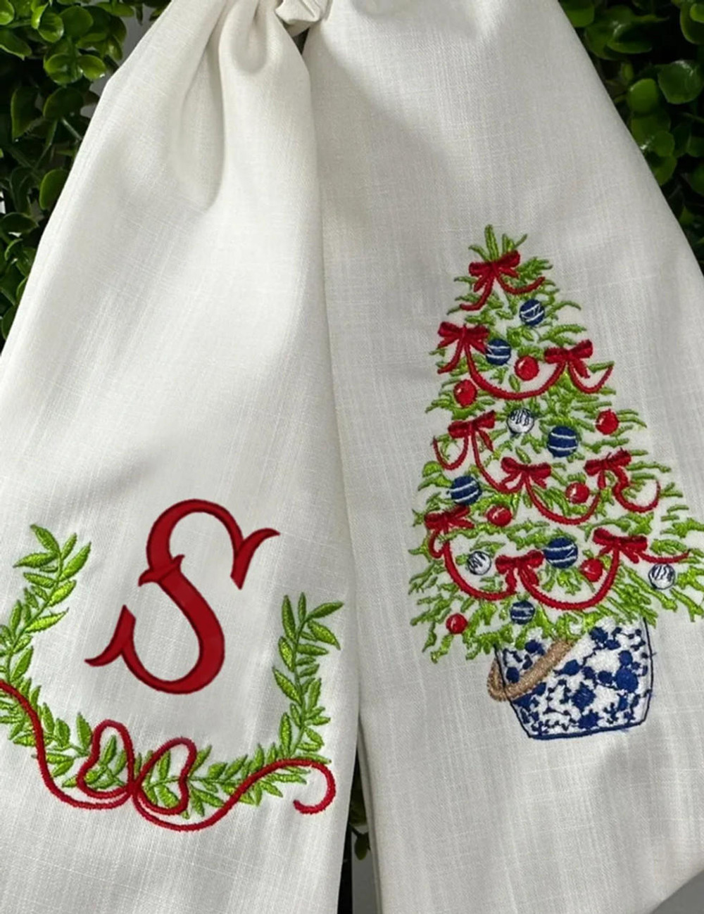  Christmas Tree Chinoiserie Pot Embroidered Wreath Sash 