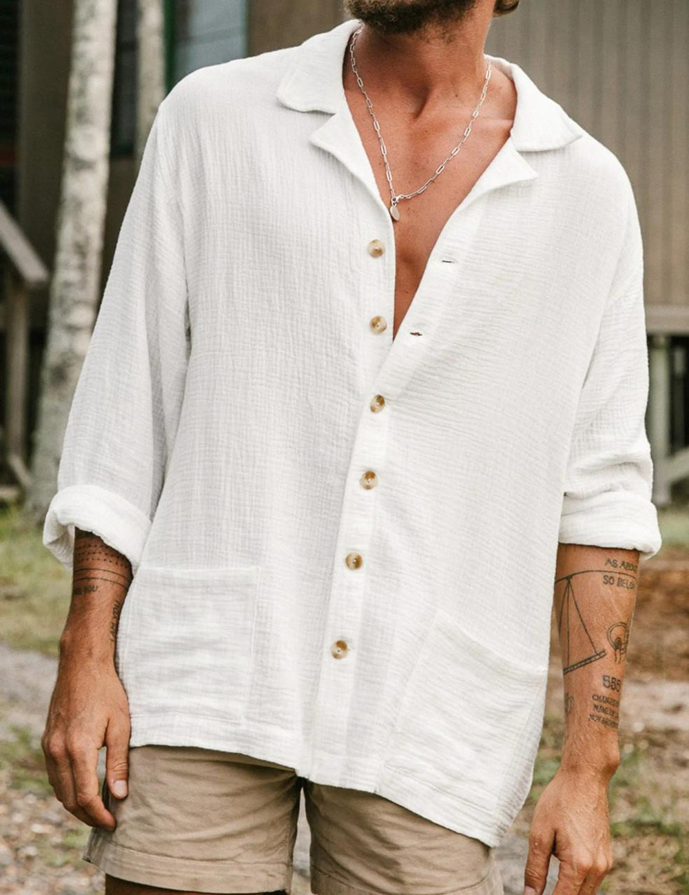  Crinkled Cotton Button Front Lapel Collar Shirt For Men 