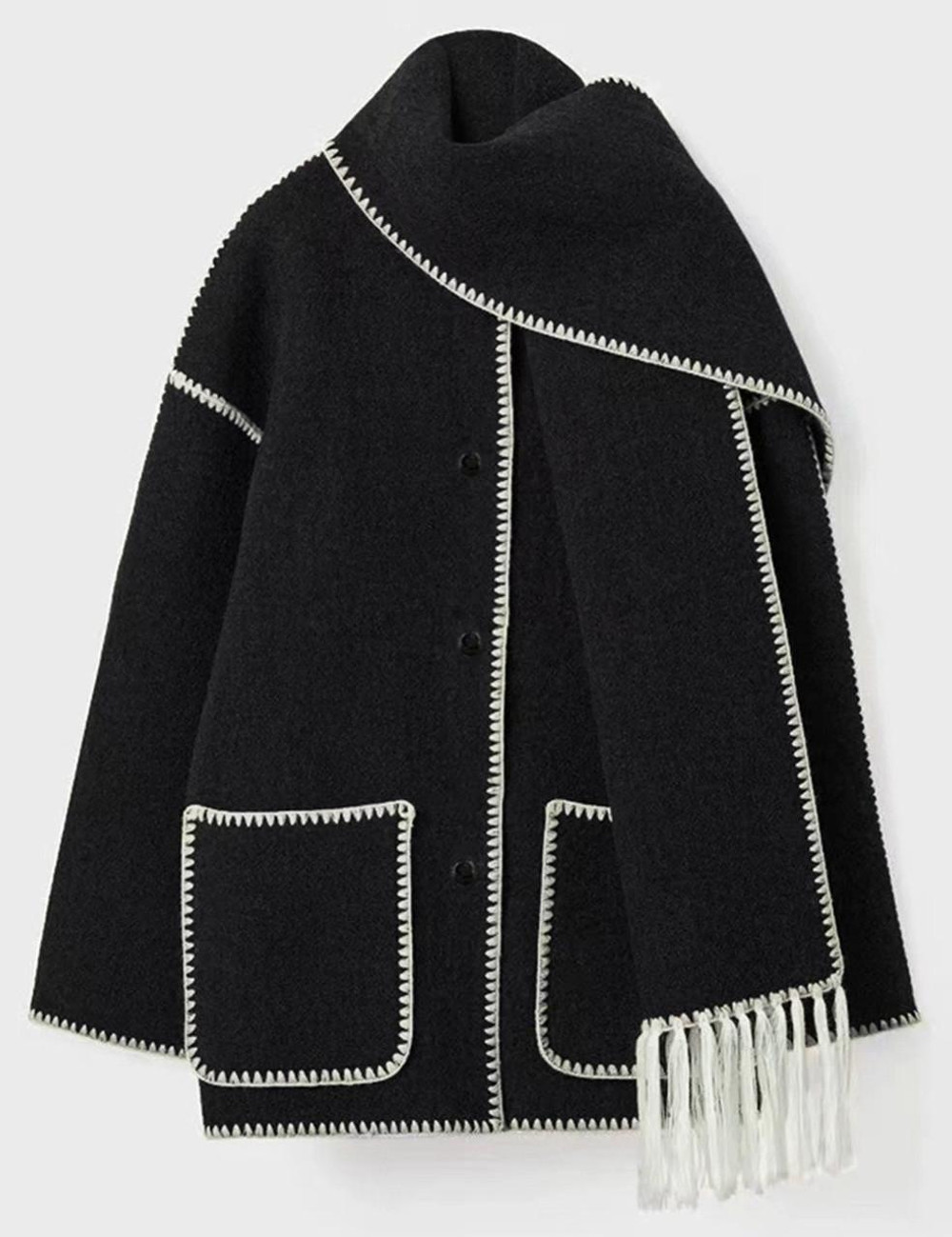  Oversized Button Front Contrast Trim Tassel Scarf Coat For Women 