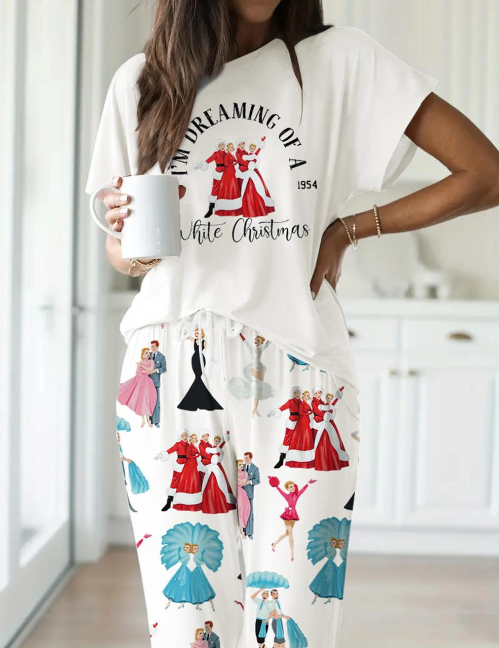  White Christmas Casual Pajama Set For Women 