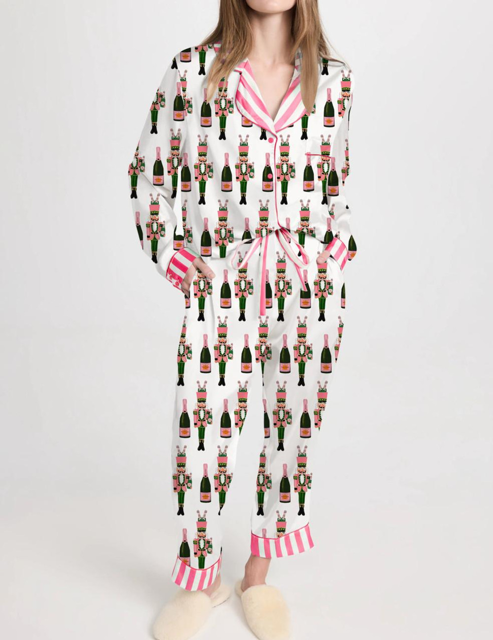  Bucket Nutcracker Print Satin Pajama Set For Women 