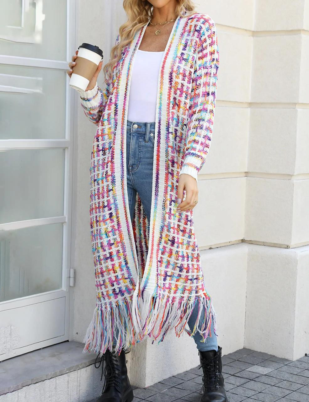 Color Cardigan Multi Color Tassel Hem Long Cardigan For Women