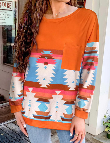  Geometric Round Neck Long Sleeve Top 