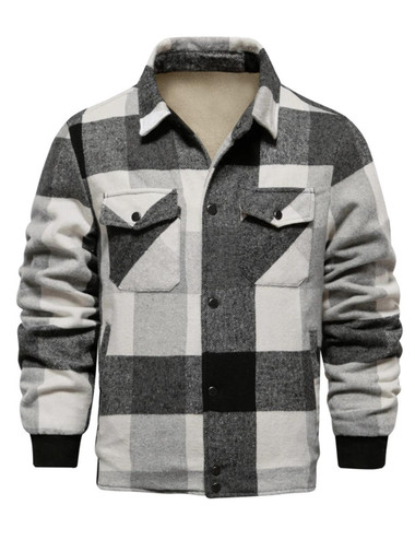  Plaid Button Up Pocket Detail Thickened Fleece Jacket For Men 