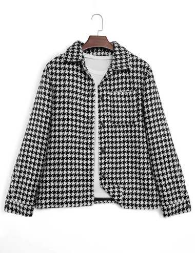  Houndstooth Tweed Button Front Jacket For Men 