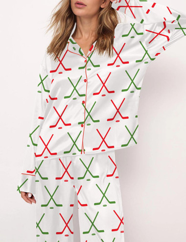  Christmas Ice Hockey Satin Pajama Set For Women 