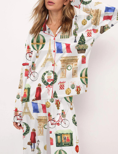  Christmas Paris Satin Pajama Set For Women 