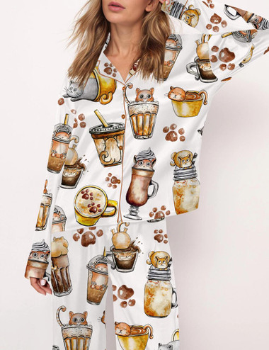  Coffee And Cats Satin Pajama Set For Women 
