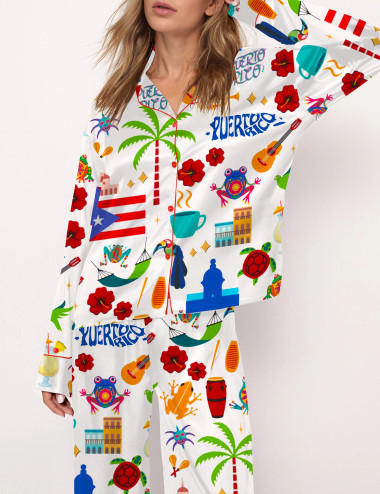 Puerto Rico Vacation Silky Satin Pajama Set For Women