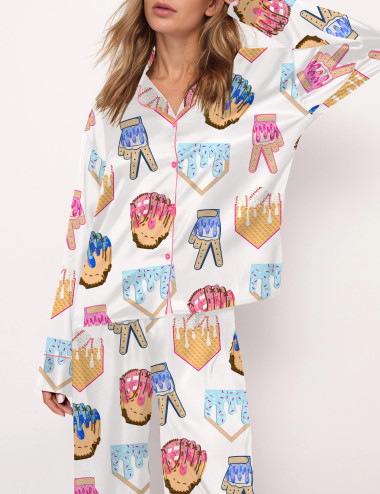 Ice Cream Baseball Satin Pajama Set For Women