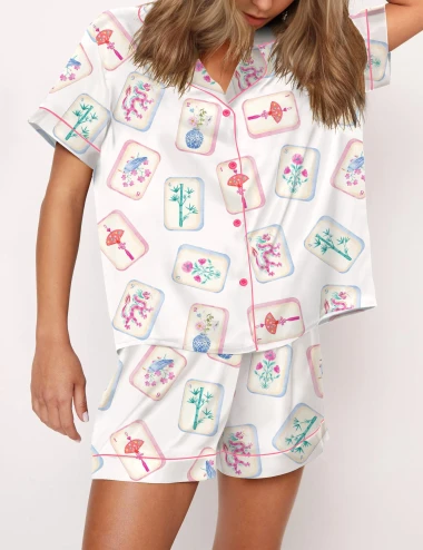 Watercolor Mahjong Satin Pajama Set For Women