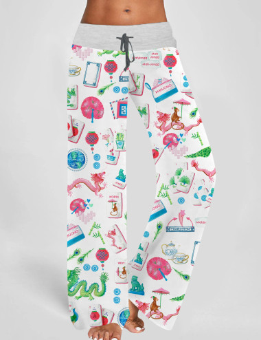 Chinoiserie Mahjong Contrast Wide Leg Pants For Women