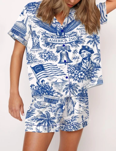 America 250 Chinoiserie Style Silky Satin Pajama Set For Women