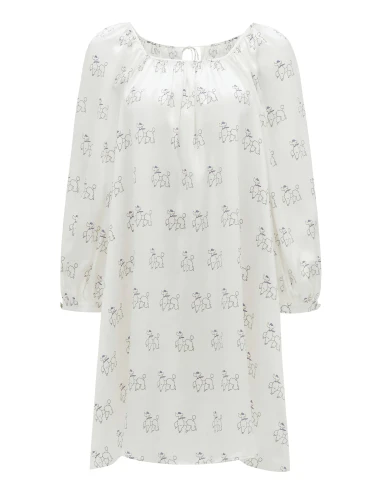 Diamond Poodles Print Silk Puff Sleeve Dress