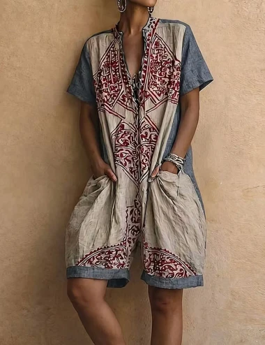 Cotton Linen Vintage Print V Neck Short Sleeve Jumpsuit With Pockets For Women