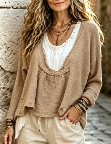 Cotton Linen Layered Look Top With An Asymmetric Hem For Women