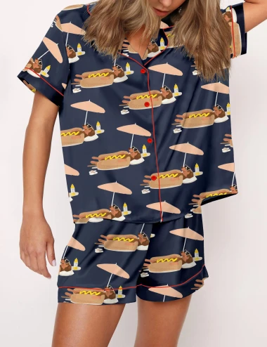 Funny Summer Hot Dog Silky Satin Pajama Set For Women