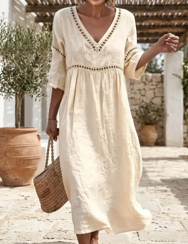 Cotton Linen Boho Inspired V Neck Loose Fit Dress