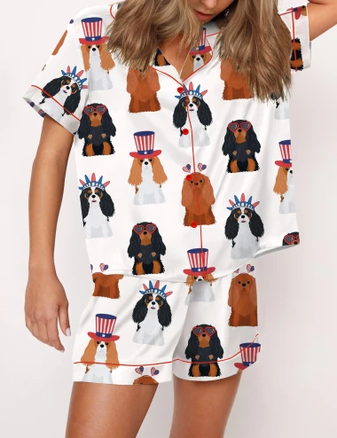 Cavalier King Charles 4th Of July Silky Satin Pajama Set For Women