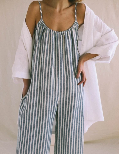 Striped Cotton Linen Wide Leg Jumpsuit For Women