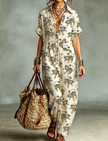 Vintage Inspired Jaguar Cotton Button Shirt Jumpsuit For Women