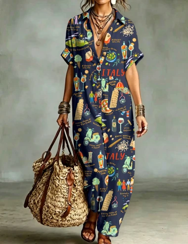 Italian Vacation Cotton Button Shirt Jumpsuit For Women