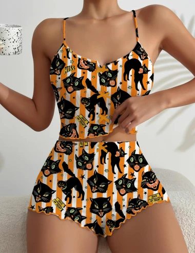 Vintage Halloween Cats Bow Detail Ribbed Knit Pajama Set For Women