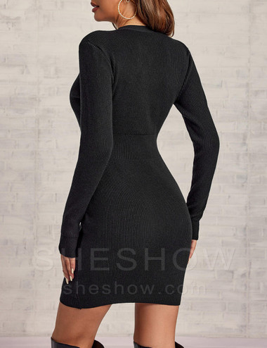 Black And White Colorblock Slim Knitted Dress For Women