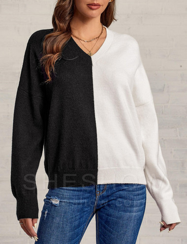 sheshow Loose Knit V-Neck Bi-Color Sweater For Women 