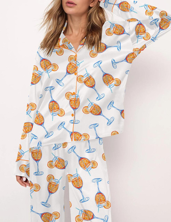Aperol Spritz Trio Watercolor Silky Satin Pajama Set For Women