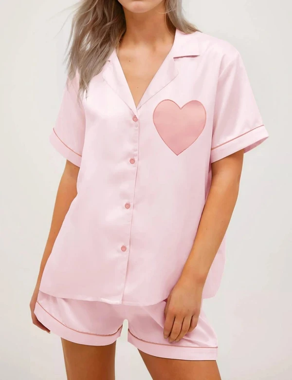  Heart Contrast Color Satin Pajama Set 