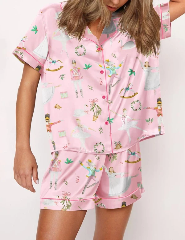  Pink Nutcracker Ballet Satin Pajama Set 