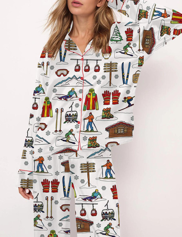  Skiing Theme Satin Pajama Set 