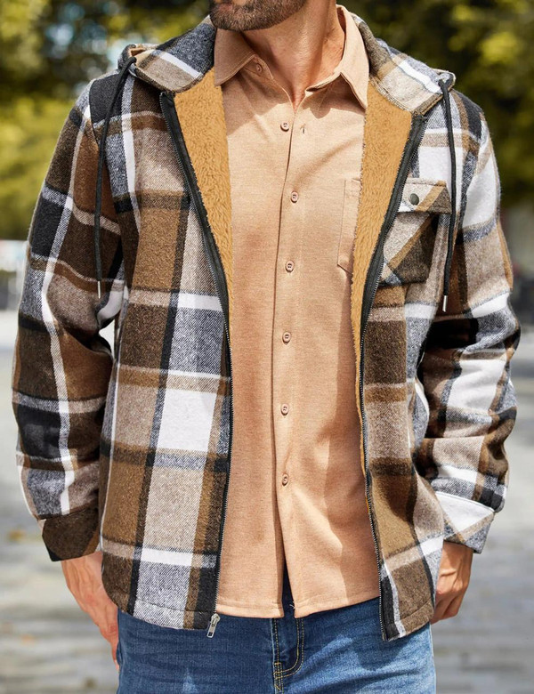 Flannel Plaid Zip Up Hooded Jacket For Men