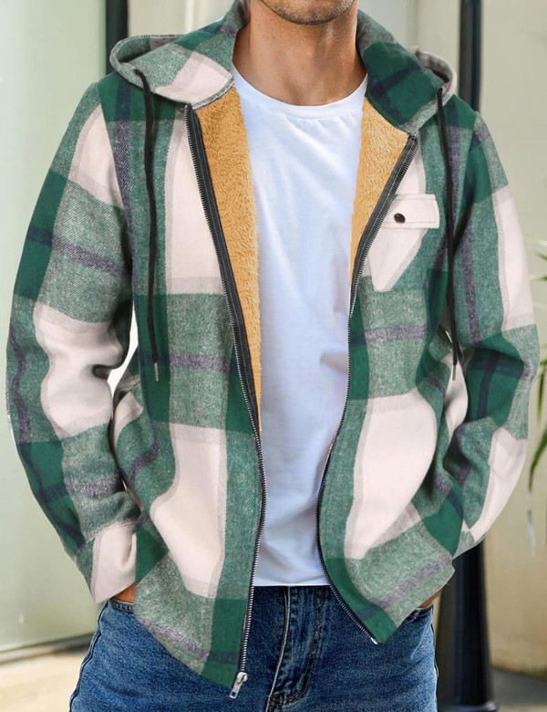 Flannel Plaid Zip Up Hooded Jacket For Men
