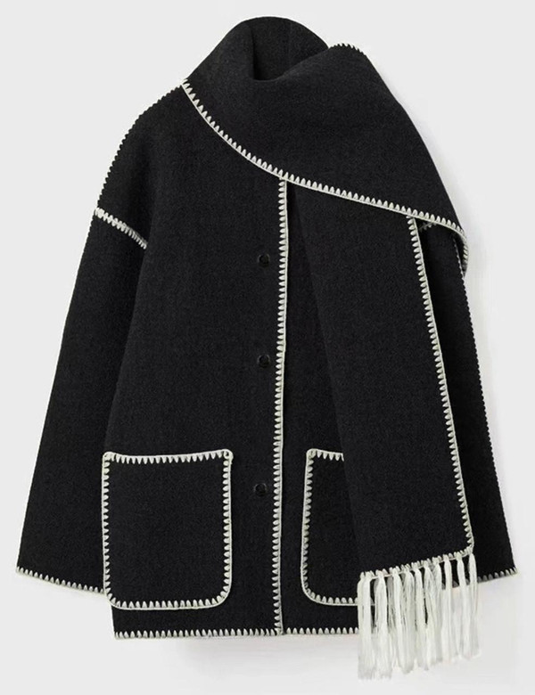  Oversized Button Front Contrast Trim Tassel Scarf Coat For Women 