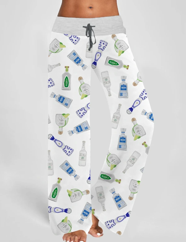 Tequila Bottles Contrast Wide Leg Pants For Women