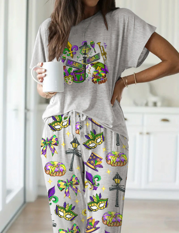 Happy Mardi Gras Casual Pajama Set For Women