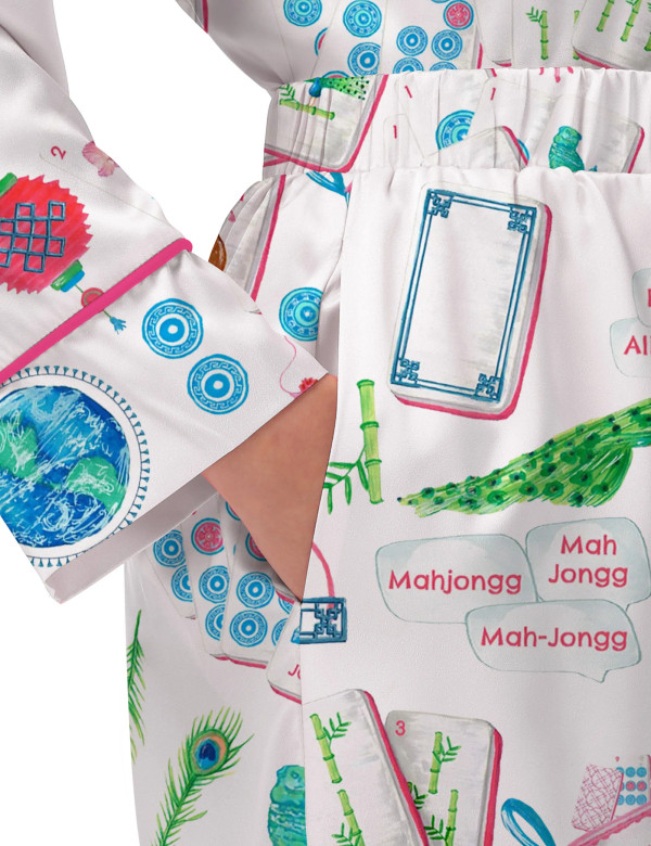 Chinoiserie Mahjong Silky Satin Pajama Set For Women