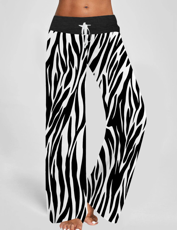 Zebra Print Contrast Wide Leg Pants For Women