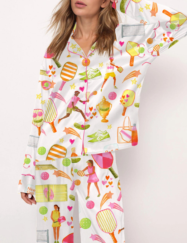 Summer Pickleball Silky Satin Pajama Set For Women