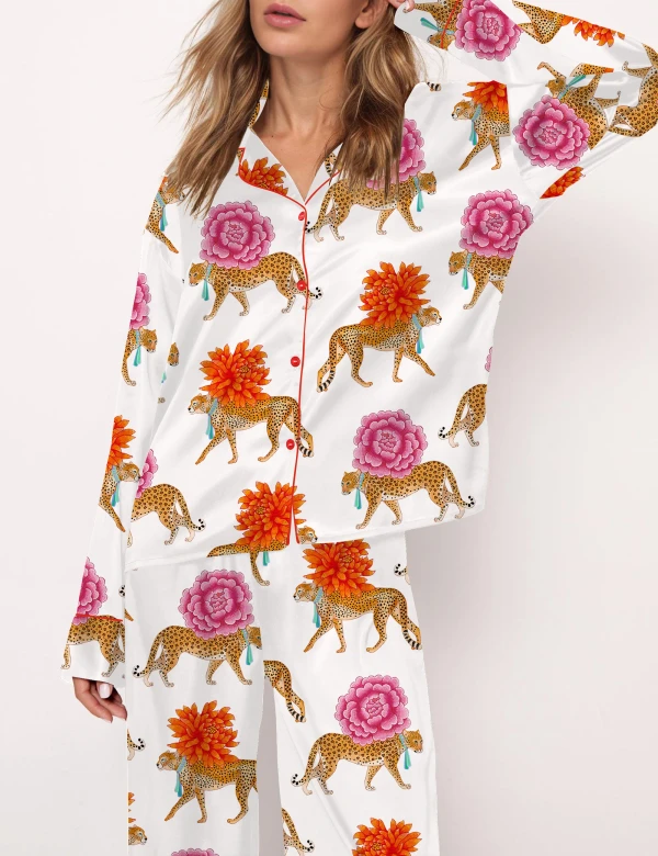 Chinoiserie Cheetah Silky Satin Pajama Set For Women