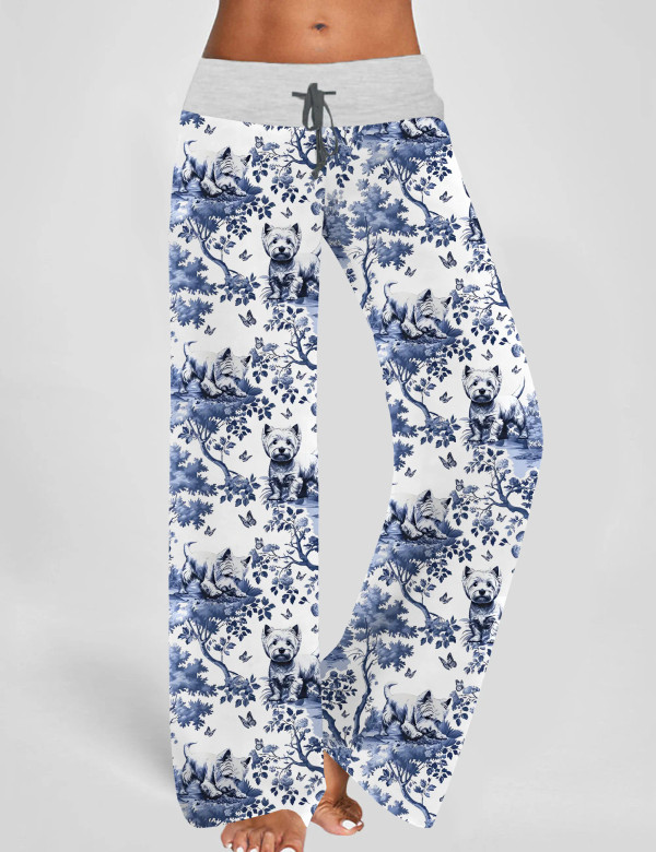 West Highland White Terrier Contrast Wide Leg Pants For Women