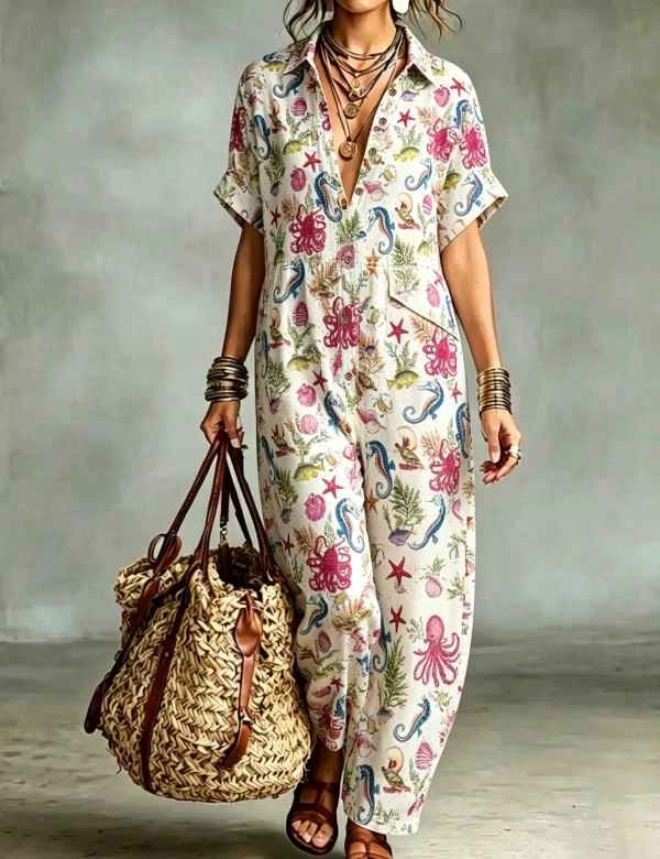 Ocean Art Button Shirt Jumpsuit For Women