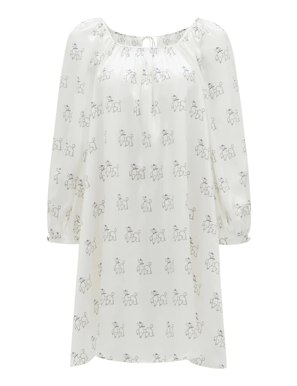 Diamond Poodles Print Silk Puff Sleeve Dress