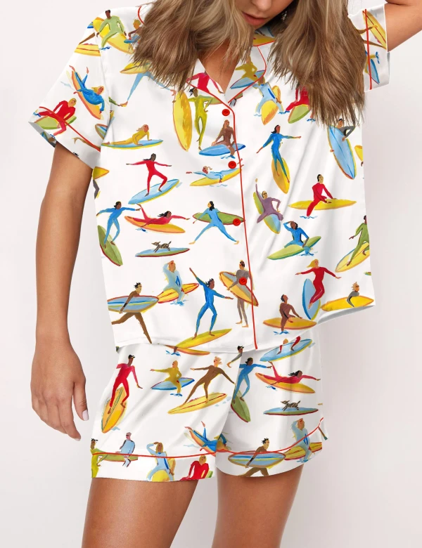 Surfing Watercolor Silky Satin Pajama Set For Women