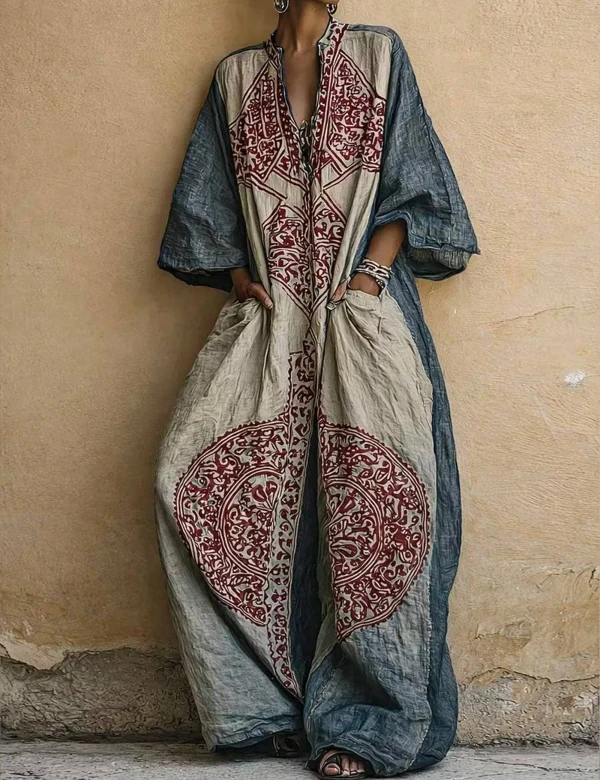 Cotton Linen Vintage Print V Neck 3/4 Sleeve Jumpsuit With Pockets For Women