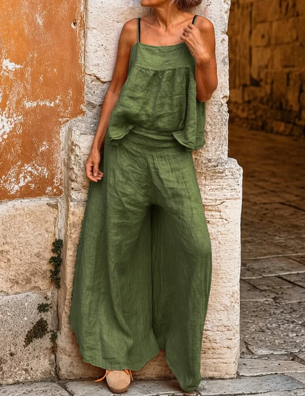 Linen Solid Color Wide Leg Pants Two Piece Sets For Women